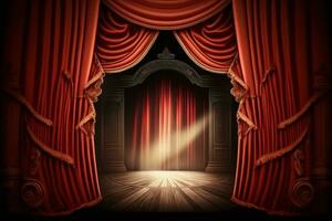 Magia Teatro palcoscenico rosso le tende mostrare riflettore ai generato foto