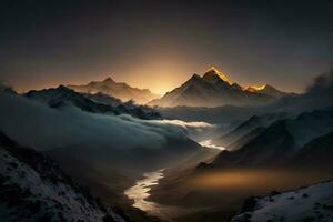 Visualizza di il Himalaya durante un' nebbioso tramonto notte ai generato foto