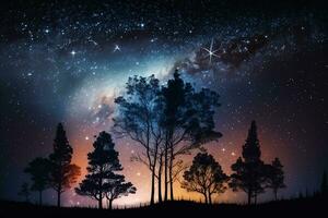 paesaggio mostrando alberi contro magico e stellato notte cielo pieno di stelle ai generato foto