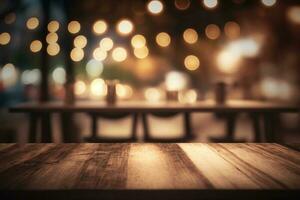 vuoto legna tavolo e sfocato bokeh bar leggero sfondo ai generato foto
