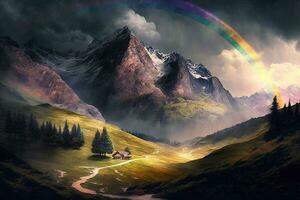paesaggio natura monte nel Alpi con arcobaleno ai generato foto