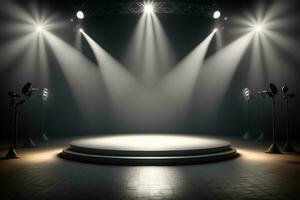 vuoto palcoscenico con illuminazione attrezzatura su un' palcoscenico riflettore brilla su il palcoscenico ai generato foto