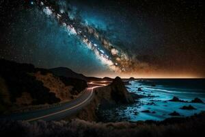 grande oceano strada a notte latteo modo Visualizza ai generato foto