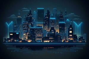 paesaggio urbano su buio blu sfondo con luminosa raggiante neon tecnologia città sfondo ai generato foto