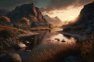 paesaggio di il fiume a il montagna nel tramonto ai generato foto