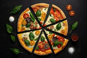 italiano Pizza su un' nero sfondo con superiore Visualizza ai generato foto