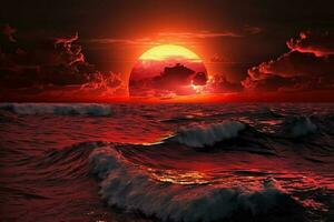 rosso tramonto nel oceano ai generato foto