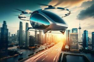 autonomo senza conducente aereo veicolo volante su città sfondo futuro mezzi di trasporto ai generato foto