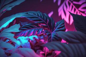 colorato natura concetto, neon colorato di tropicale le foglie con neon telaio, foglia di pianta, creatività e design. neurale Rete ai generato foto