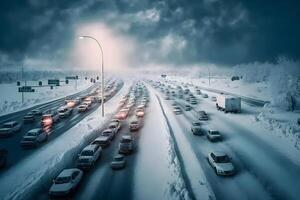 traffico marmellata nel un' neve tempesta. neurale Rete ai generato foto