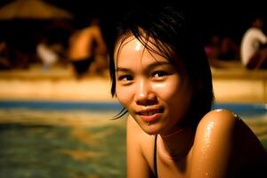 asiatico donna nel acqua. neurale Rete ai generato foto
