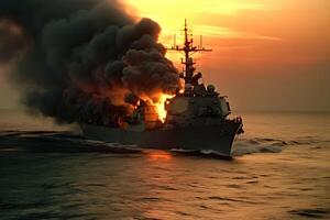guerra concetto. notte battaglia scena a mare. nave da guerra su fuoco. neurale Rete ai generato foto