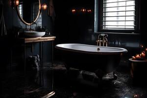 elegante nero bagno con specchio parete e decorativo marmo piastrelle. neurale Rete ai generato foto