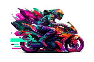 etichetta di motociclista su sport motociclo nel acquerello stile su bianca sfondo. neurale Rete generato arte foto