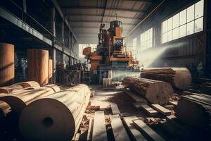 la lavorazione del legno segheria produzione e in lavorazione di di legno tavole nel un' moderno industriale fabbrica montaggio linea nel produzione. neurale Rete generato arte foto