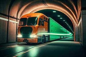 camion trailer guida a il neon tunnel. neurale Rete generato arte foto