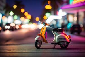 scooter ciclomotore a oceano guidare miami spiaggia a notte con neon luci a partire dal alberghi. neurale Rete ai generato foto