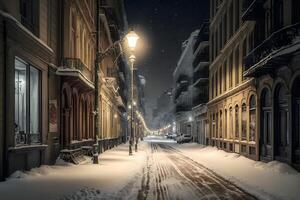 inverno città strada paesaggio. neurale Rete ai generato foto