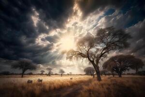 Alba al di sopra di il savana e erba i campi nel Sud Africa con nuvoloso cielo. neurale Rete ai generato foto