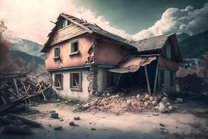 rovinato Casa dopo il terremoto. neurale Rete ai generato foto