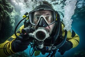 maschio autorespiratore tuffatore sott'acqua. neurale Rete ai generato foto