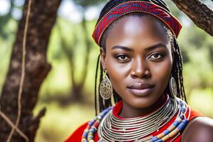 ritratto di un' bellissimo africano donna nel etnico stile. neurale Rete ai generato foto