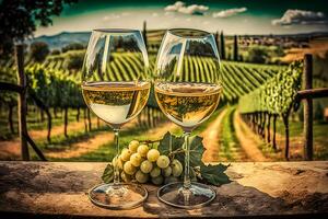 un' bicchiere di bianca vino, maturo uva su il sfondo di un' vigneto. neurale Rete ai generato foto