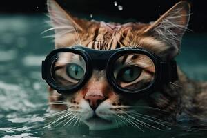 un' gatto nuotate subacqueo nel un' immersione maschera, generativo ai. foto