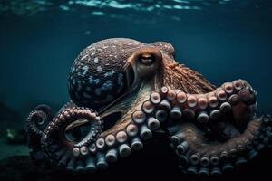 un' grande polpo a il parte inferiore di il mare fra corallo scogliere, generativo ai. foto