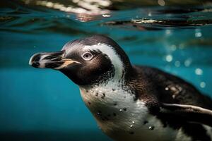 un' pinguino nuotate solo sotto acqua, generativo ai. foto