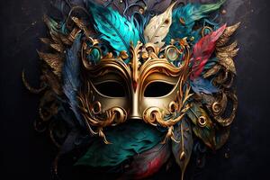 festivo carnevale maschera con ricco decorazione, attributi di il brasiliano carnevale. veneziano carnevale maschera e perline decorazione. mardi gras sfondo. generativo ai foto