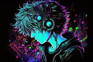 generativo ai un neon gamer anime moda ragazzo o uomo indossare cuffia, perso nel il suo musica. astratto sfondo quello evoca il sensazione di diverso generi di musica. bandiera musica concetto foto