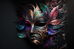 festivo carnevale maschera con ricco decorazione, attributi di il brasiliano carnevale. veneziano carnevale maschera e perline decorazione. mardi gras sfondo. generativo ai foto