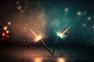 Due sparklers nel un oscuro sfondo con molte di copia spazio, Perfetto per sfondi contento compleanno o sfondo nuovo anno. celebrazione concetto. generativo ai foto