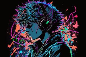 generativo ai un neon gamer anime moda ragazzo o uomo indossare cuffia, perso nel il suo musica. astratto sfondo quello evoca il sensazione di diverso generi di musica. bandiera musica concetto foto