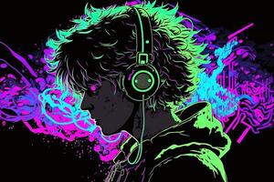 generativo ai un neon gamer anime moda ragazzo o uomo indossare cuffia, perso nel il suo musica. astratto sfondo quello evoca il sensazione di diverso generi di musica. bandiera musica concetto foto