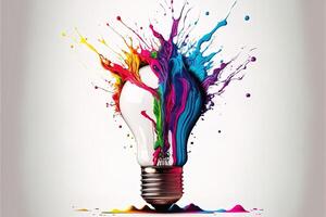 illustrazione di colorato lampadina con spruzzo di colori su bianca sfondo. creatività, euro, immaginazione, ispirazione. generativo ai. idea e soluzione concetto foto