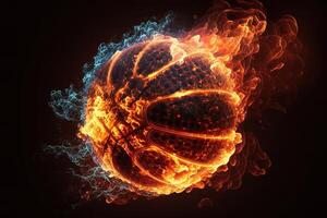 generativo ai di un' raggiante palla ardente su fuoco nel arancia fiamme, dando via calore e Fumo per competitivo pallacanestro un' visivo rappresentazione di il follia e eccitazione di il gioco foto