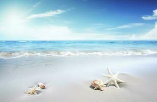 conchiglie e stella marina su il bellissimo tropicale spiaggia e mare con blu cielo sfondo. estate vacanza concetto foto