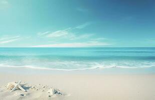 conchiglie e stella marina su il bellissimo tropicale spiaggia e mare con blu cielo sfondo. estate vacanza concetto foto