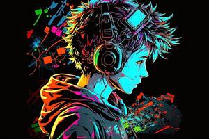 generativo ai un neon gamer anime moda ragazzo o uomo indossare cuffia, perso nel il suo musica. astratto sfondo quello evoca il sensazione di diverso generi di musica. bandiera musica concetto foto