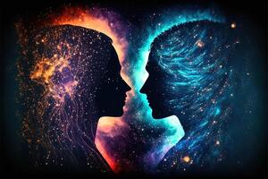 uomo e donna sagome a astratto cosmico sfondo. umano anime coppia nel amore. astrale corpo, esoterico e spirituale vita concetto generativo ai foto