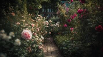 generativo ai, bellissimo estate privato giardino con molti fiori e impianti, natura paesaggio, inglese campagna Villetta stile foto