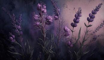 generativo ai, vicino su di fioritura aiuole di sorprendente lavanda viola fiori su buio lunatico floreale strutturato sfondo. fotorealistico effetto. foto