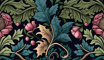 generativo ai, floreale colorato modello. William morris ispirato naturale impianti e fiori sfondo, Vintage ▾ illustrazione. fogliame ornamento. foto