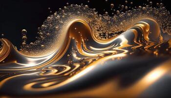 d'oro liscio liquido onde e brillante particelle astratto sfondo. generativo ai foto