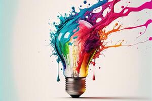 illustrazione di colorato lampadina con spruzzo di colori su bianca sfondo. creatività, euro, immaginazione, ispirazione. generativo ai. idea e soluzione concetto foto