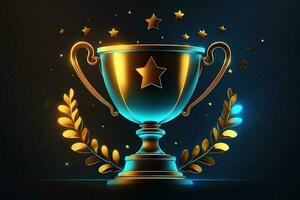 campione d'oro trofeo con oro stelle su blu buio sfondo. generazione ai. concetto di successo e risultato. oro luccica esplosione. foto