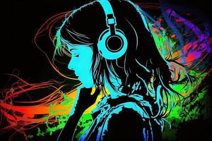 generativo ai un neon gamer anime moda ragazza o donna indossare cuffia, perso nel sua musica. astratto sfondo quello evoca il sensazione di diverso generi di musica. bandiera musica concetto foto