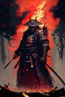 un' samurai nel un' demonico rosso maschera su il campo di battaglia fa un' swing con un' katana la creazione di un' frizzante fuoco squillare intorno a, lui è un' mistico marziale. illustrazione pittura ai generativo foto